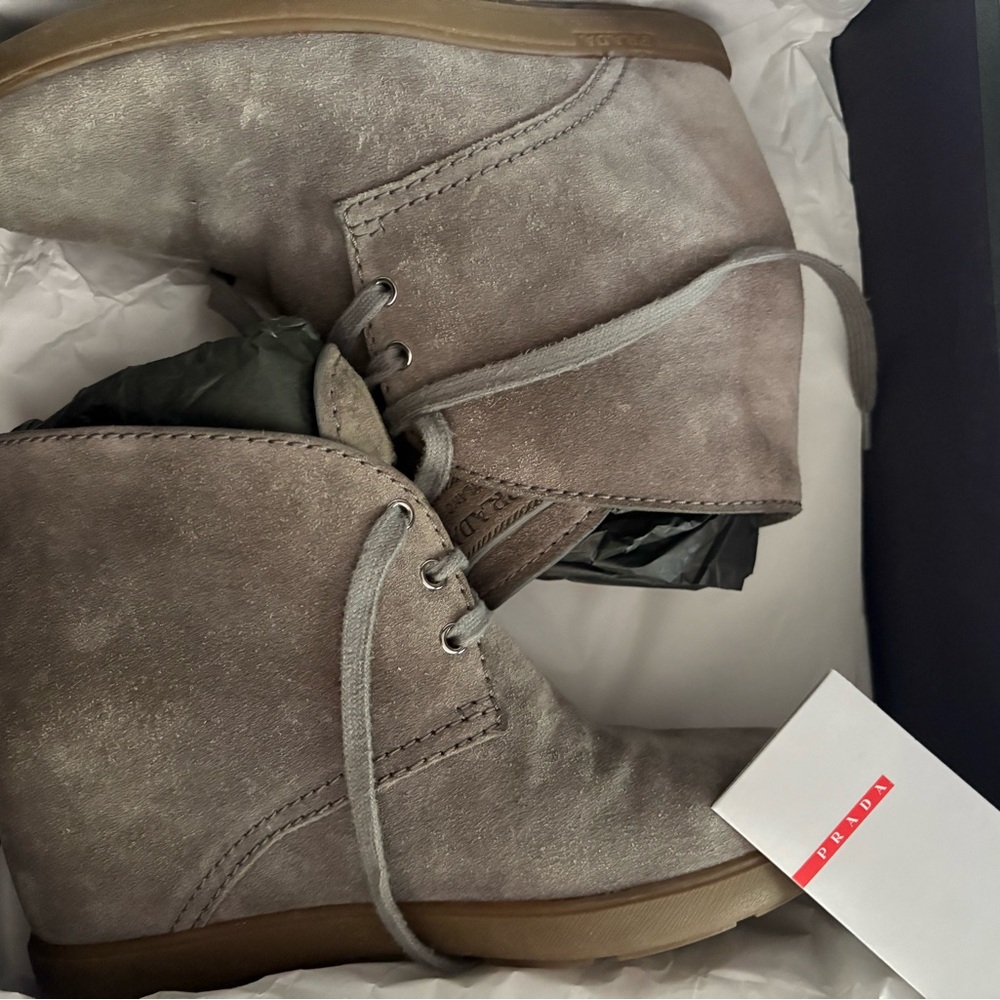 Prada Gray Suede Boots with Lace-Up Design